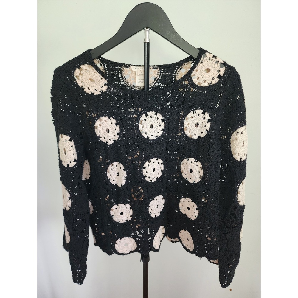 Ultra Pink Black Cream‎ Circle Motif Crochet Cotton Knit Sweater Top M